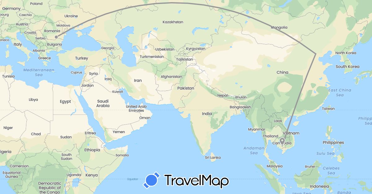 TravelMap itinerary: driving, plane in China, Cambodia, Romania (Asia, Europe)