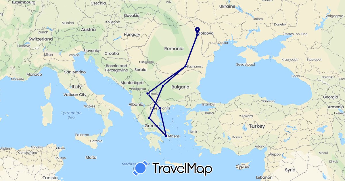 TravelMap itinerary: driving in Bulgaria, Greece, Macedonia, Romania (Europe)